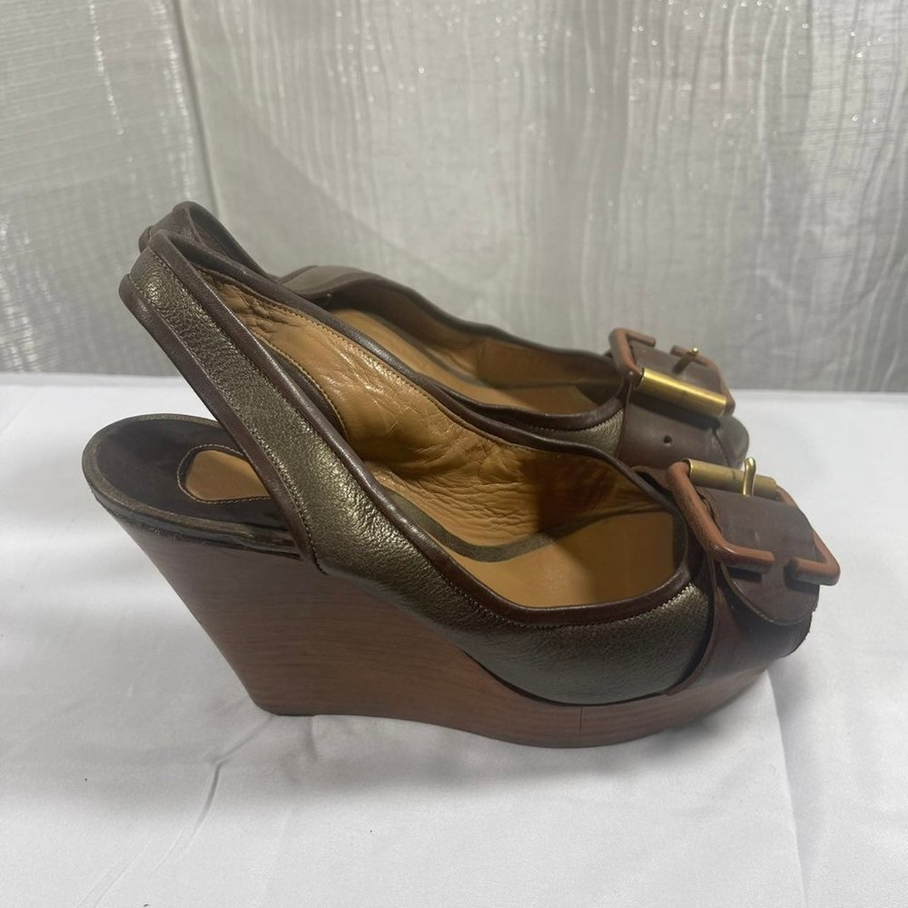 CHLOE Vintage Platform Wedge Peep-Toe Leather Sandals Sling Back Size 6 Bohemian